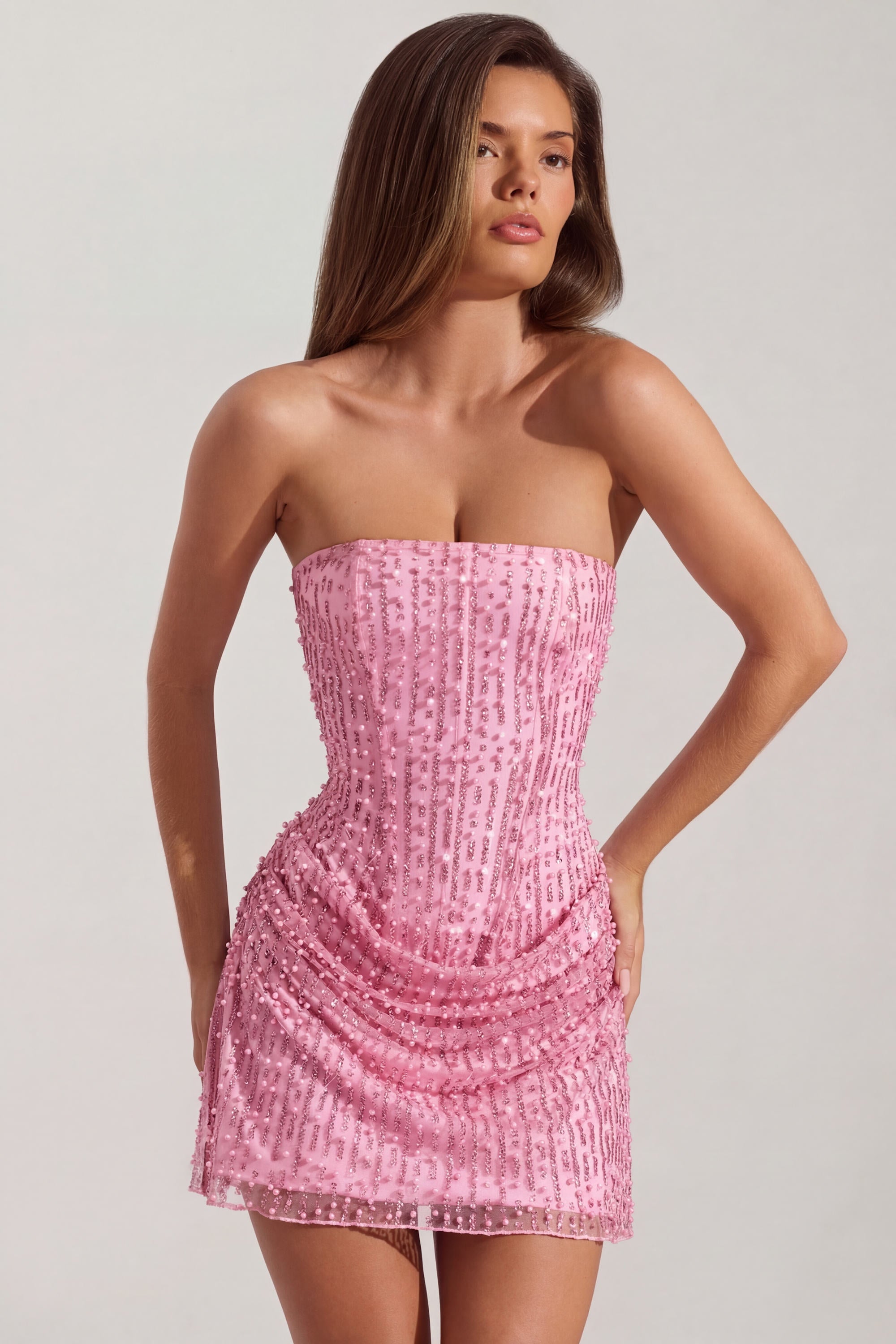 Embellished Draped Strapless A-Line Mini Dress in Pink - 4