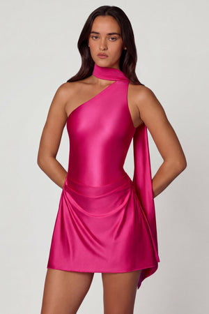 Oh Polly's Roberta wearing the Kiraz Mini Dress in Hot Pink Satin Jersey fabric perfect for summer parties