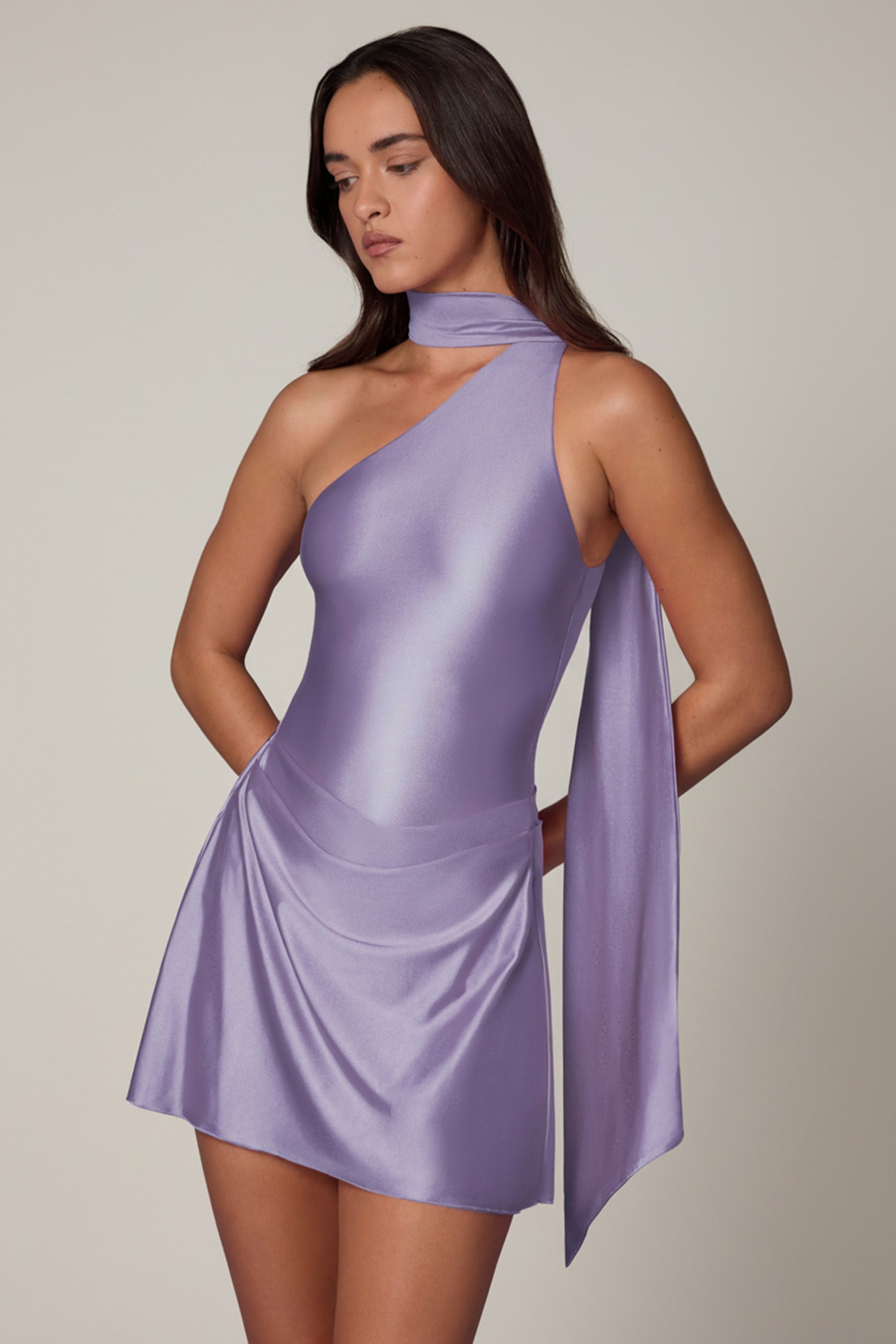 Kiraz Asymmetric Scarf-Detail Mini Dress in Lilac | Oh Polly