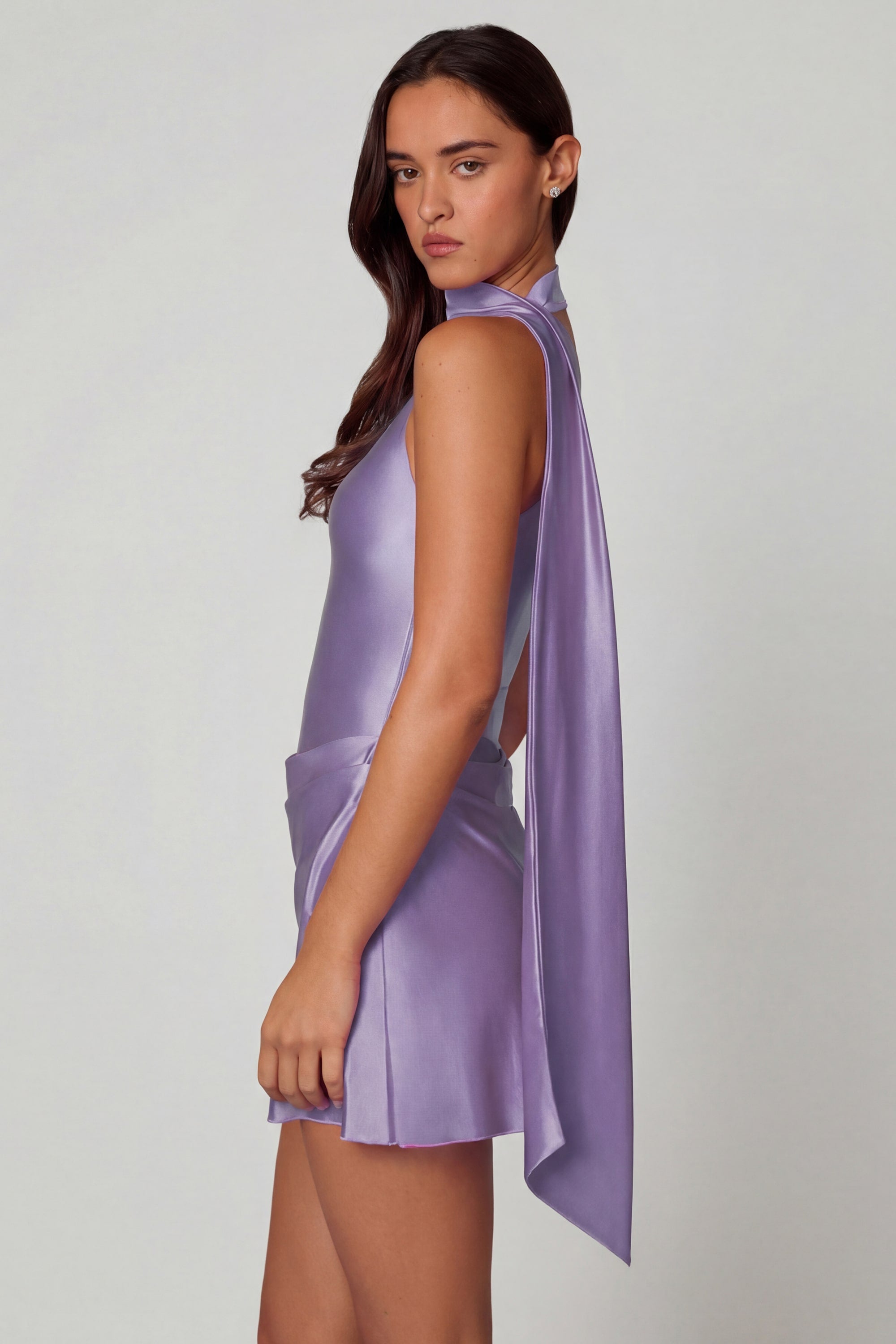 Asymmetric Scarf-Detail Mini Dress in Lilac - 8