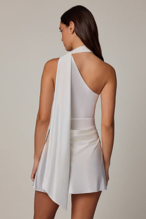 Asymmetric Scarf-Detail Mini Dress in White