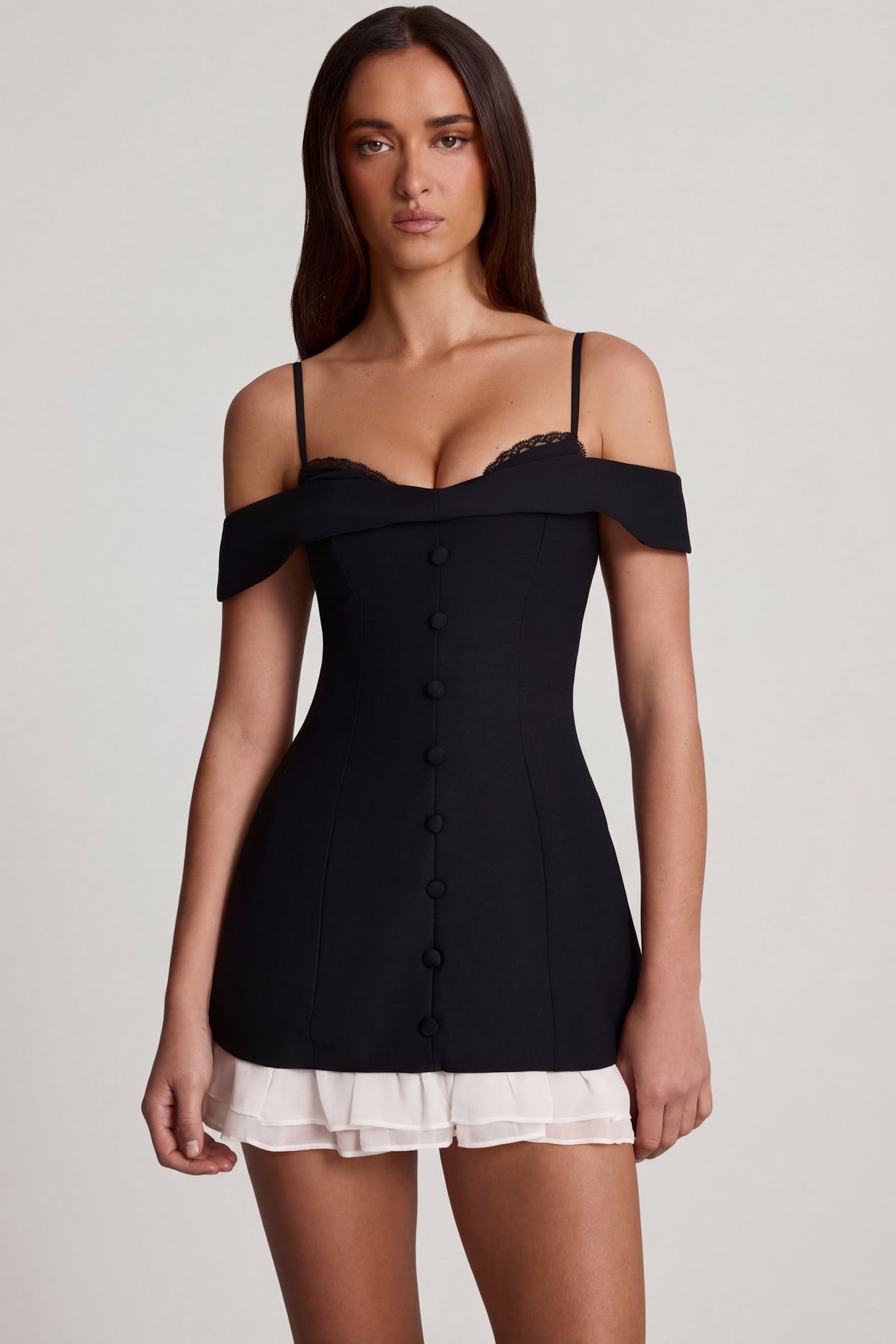 Off-Shoulder Ruffle A-Line Mini Dress in Black - 7