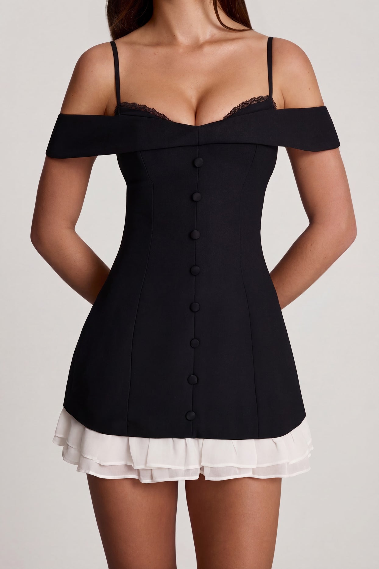 Off-Shoulder Ruffle A-Line Mini Dress in Black - 5