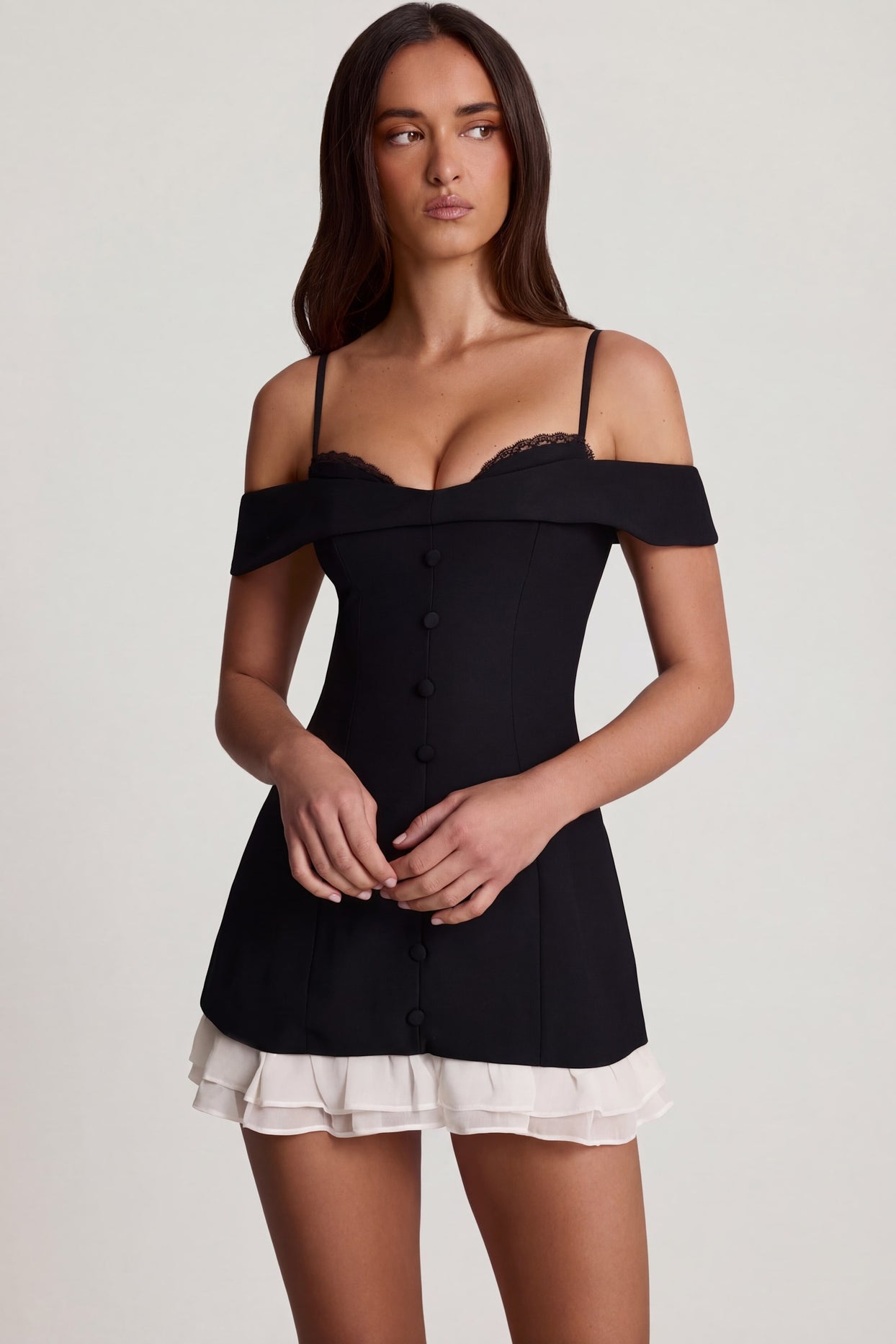 Off-Shoulder Ruffle A-Line Mini Dress in Black - 6
