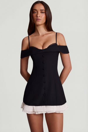 Oh Polly's Roberta wearing the Maelie Mini Dress in Black Chiffon, Bonded Crepe fabric, perfect for birthday celebrations
