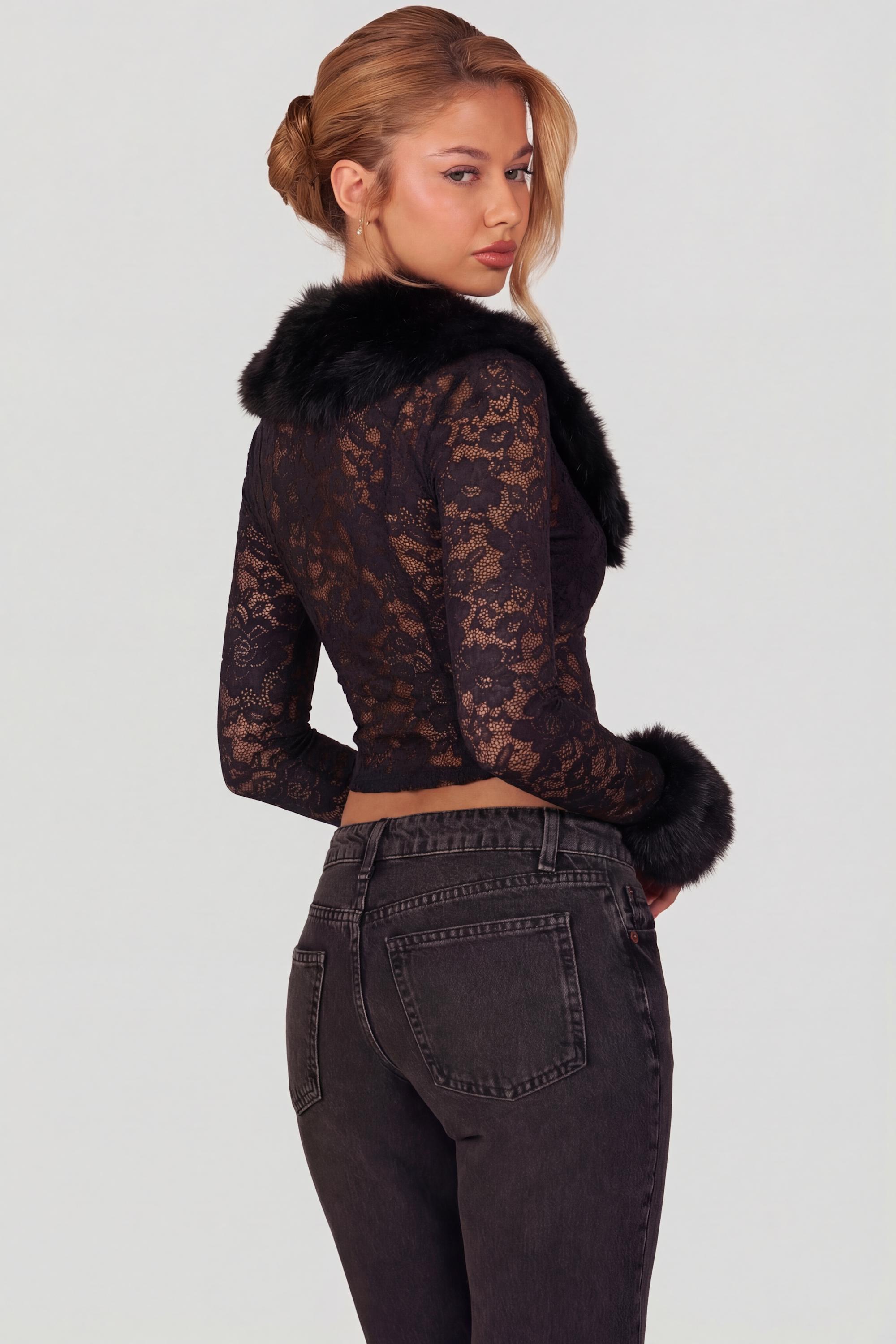 Noemy Faux Fur-Trim Lace Cardigan in Black | Oh Polly – Oh Polly US