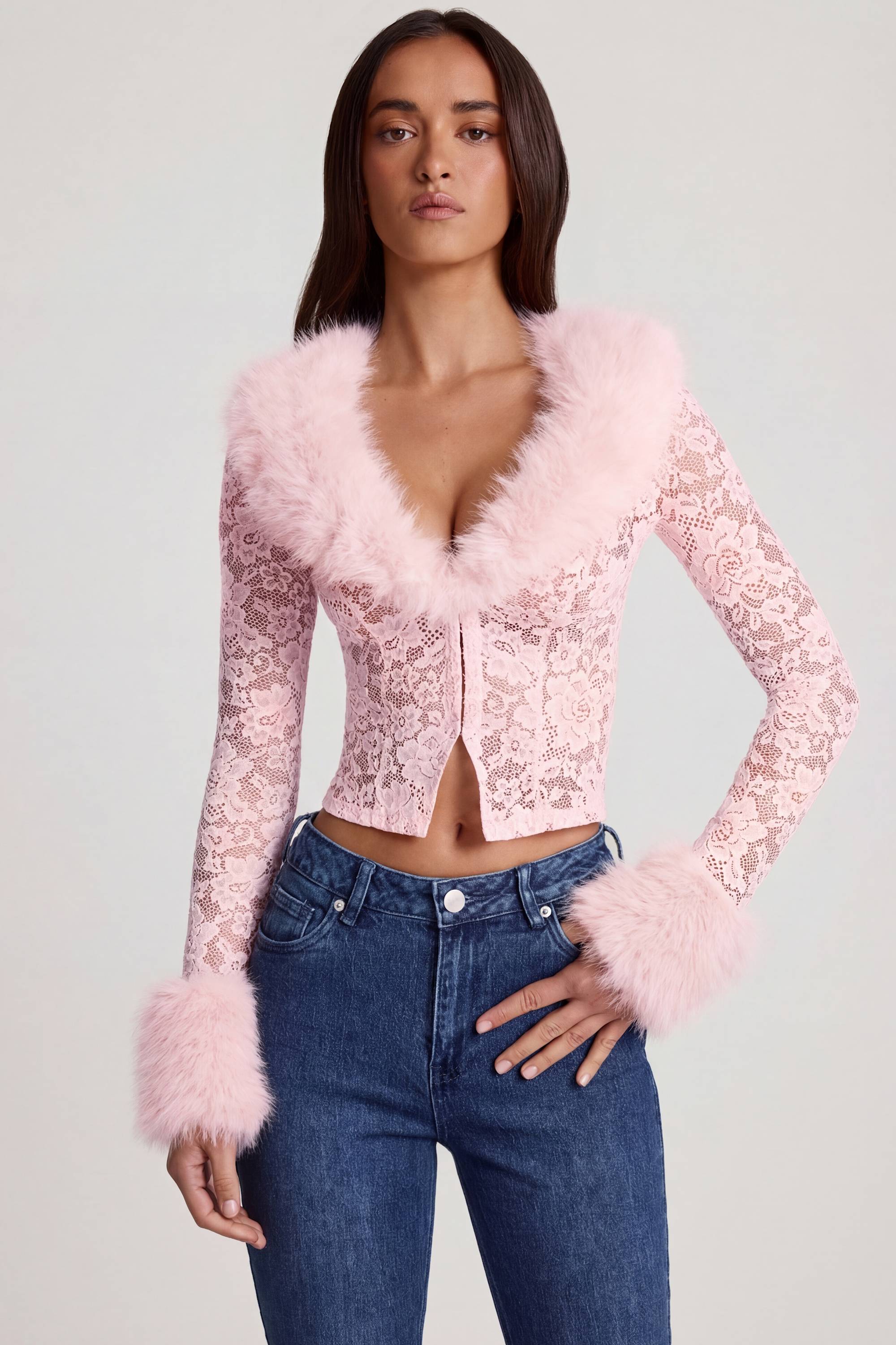 Noemy Faux Fur-Trim Lace Cardigan in Pink | Oh Polly – Oh Polly US