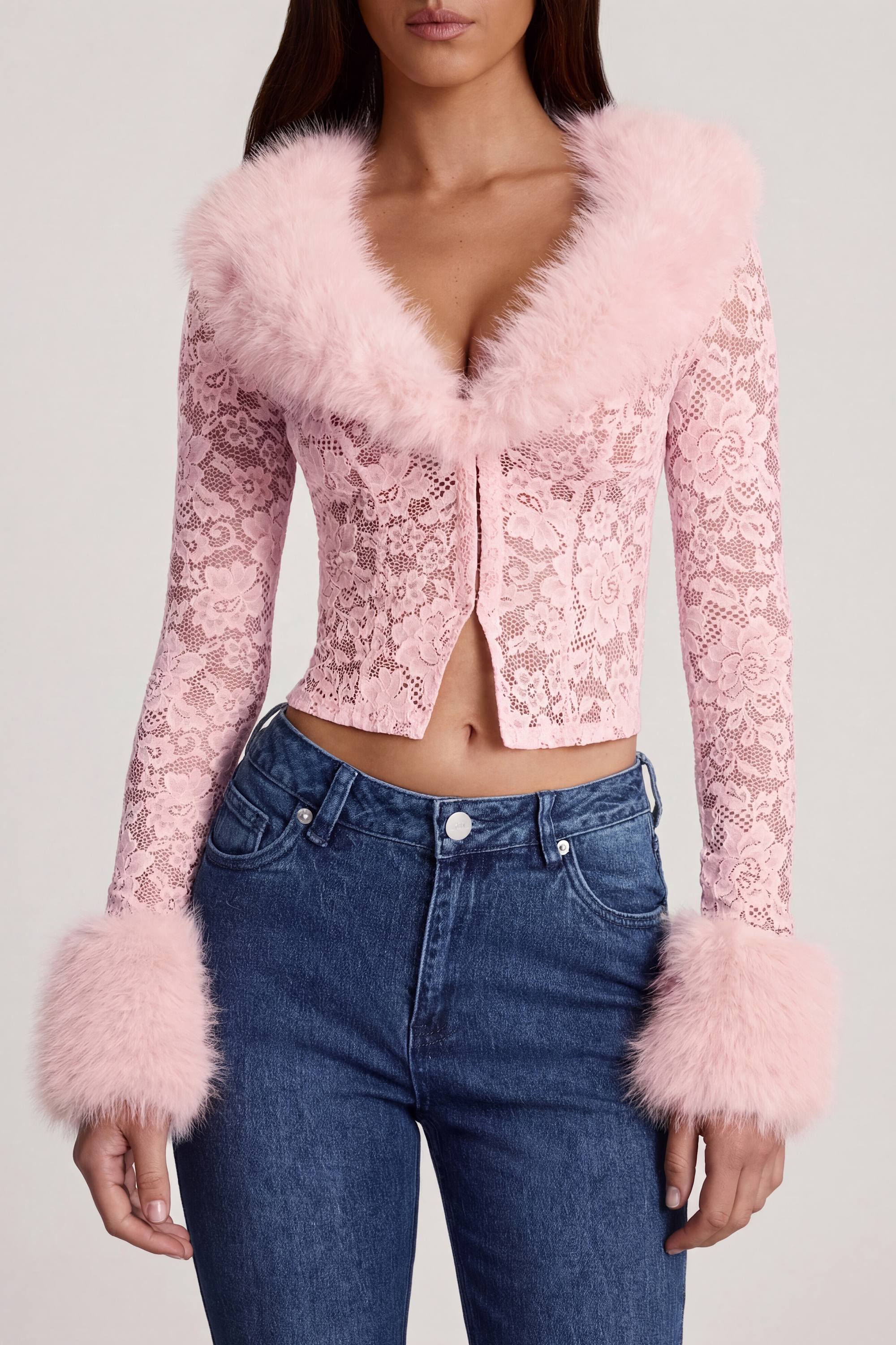 Noemy Faux Fur-Trim Lace Cardigan in Pink | Oh Polly – Oh Polly US