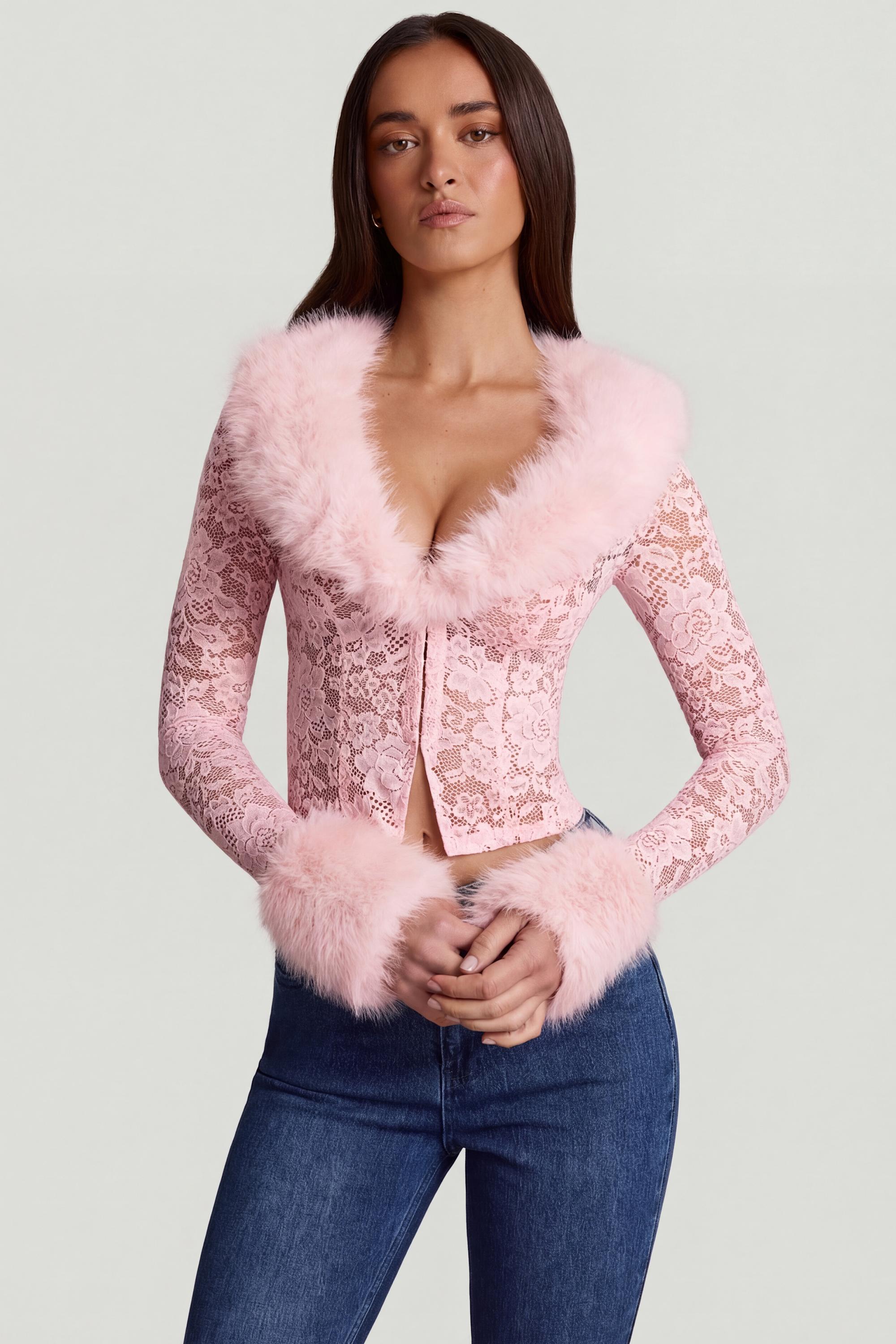 Noemy Faux Fur-Trim Lace Cardigan in Pink | Oh Polly – Oh Polly US