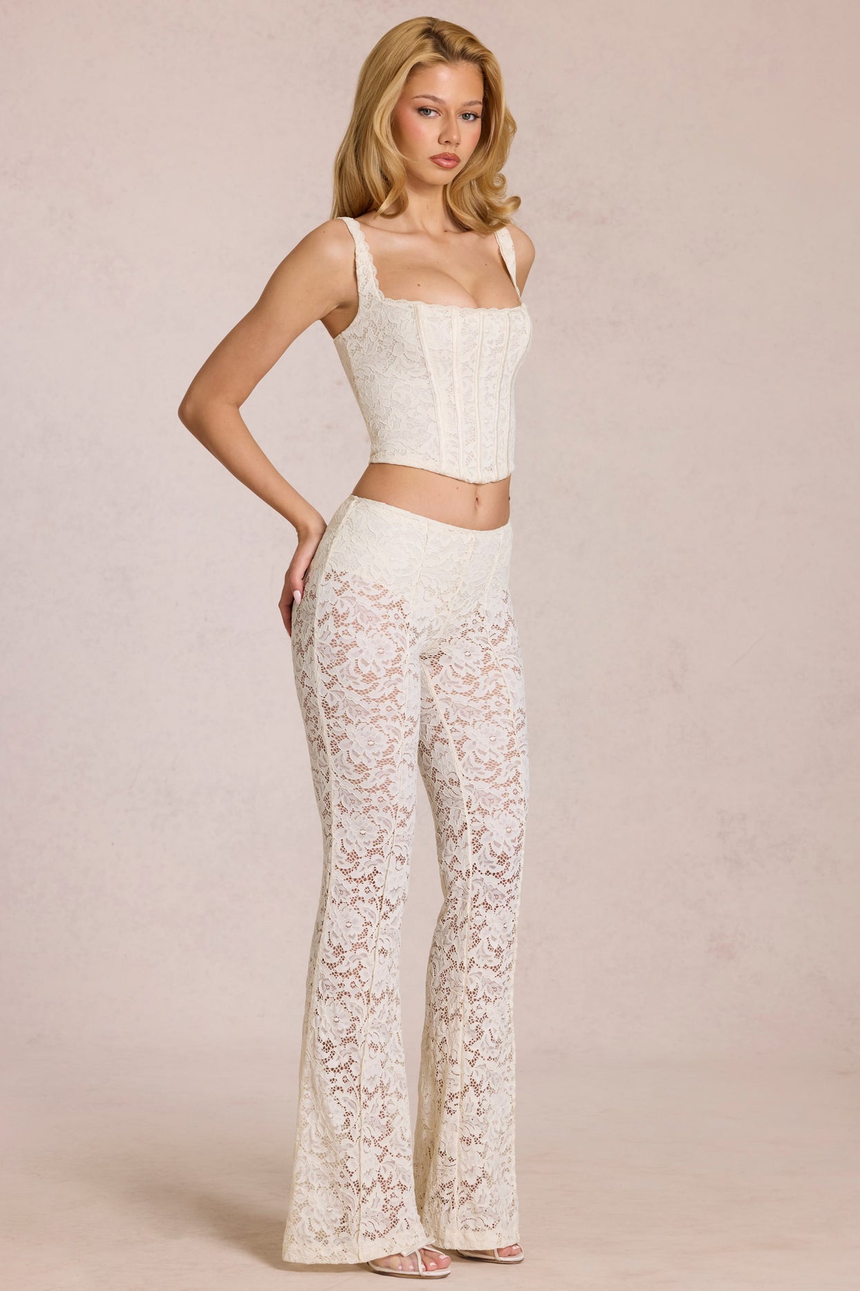 Sheer Lace Mid-Rise Flared Trousers in Pearl - 8