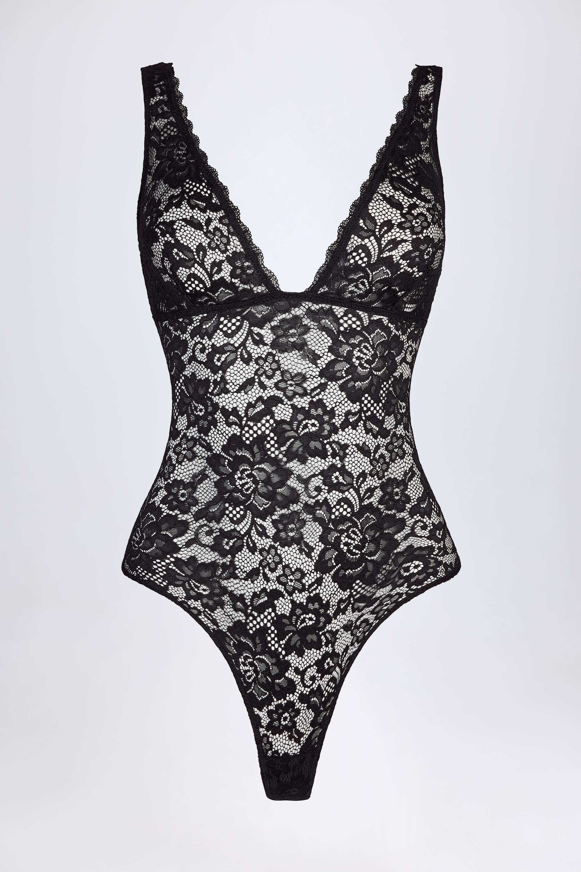 Zayla Plunge-Neck Lace Bodysuit in Black | Oh Polly – Oh Polly US