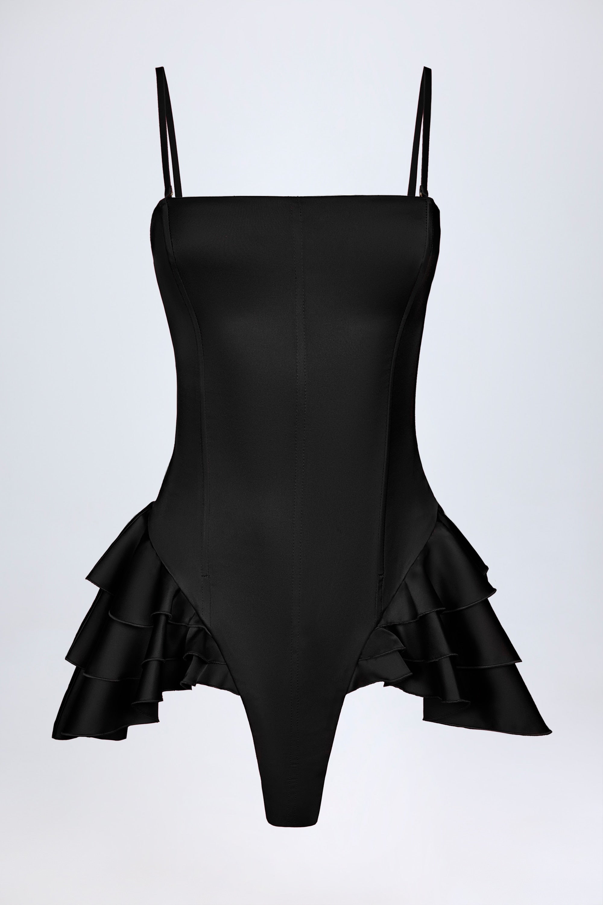 Priaska Ruffled Lace-Up Corset Playsuit in Black | Oh Polly – Oh