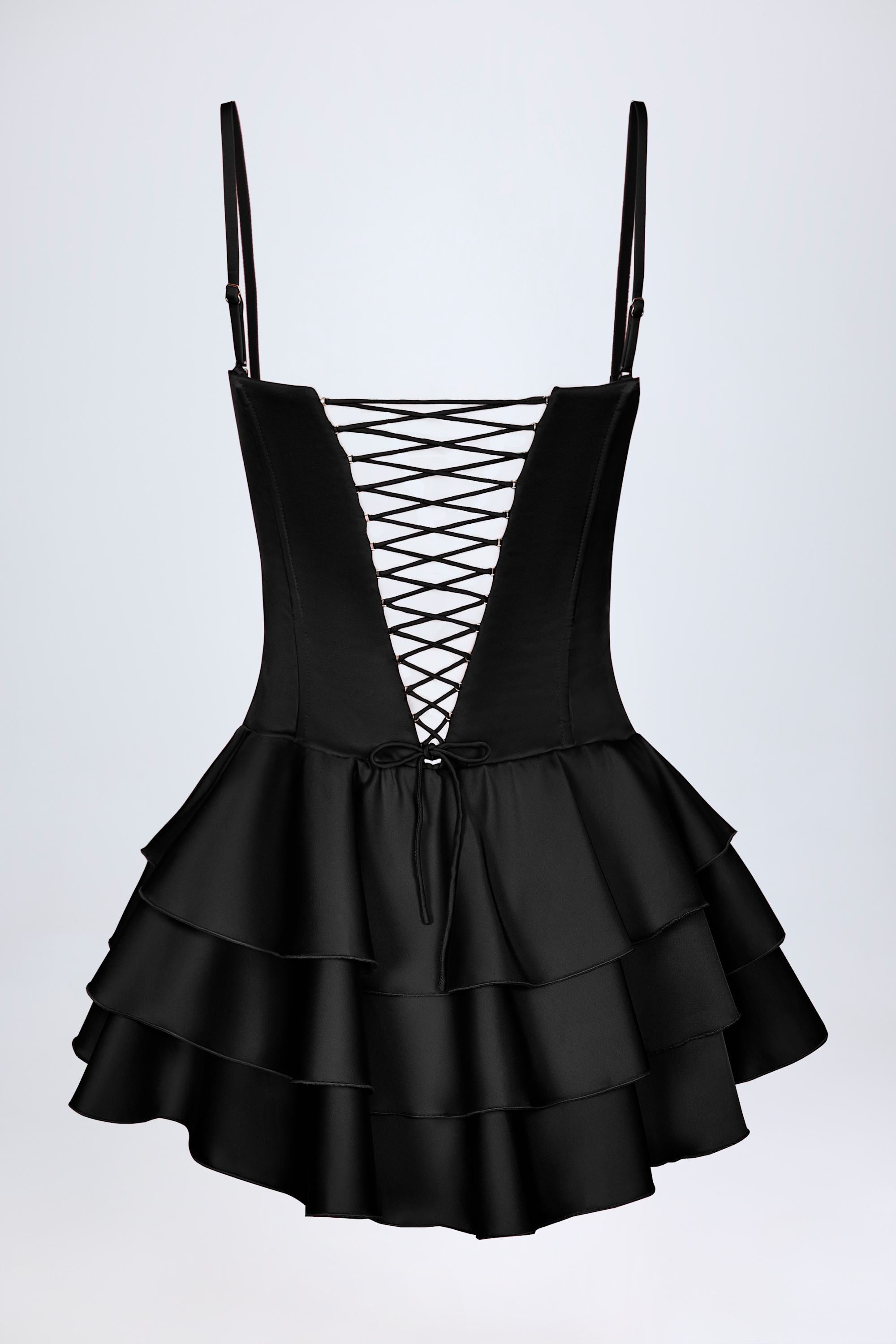 Priaska Ruffled Lace-Up Corset Playsuit in Black | Oh Polly – Oh