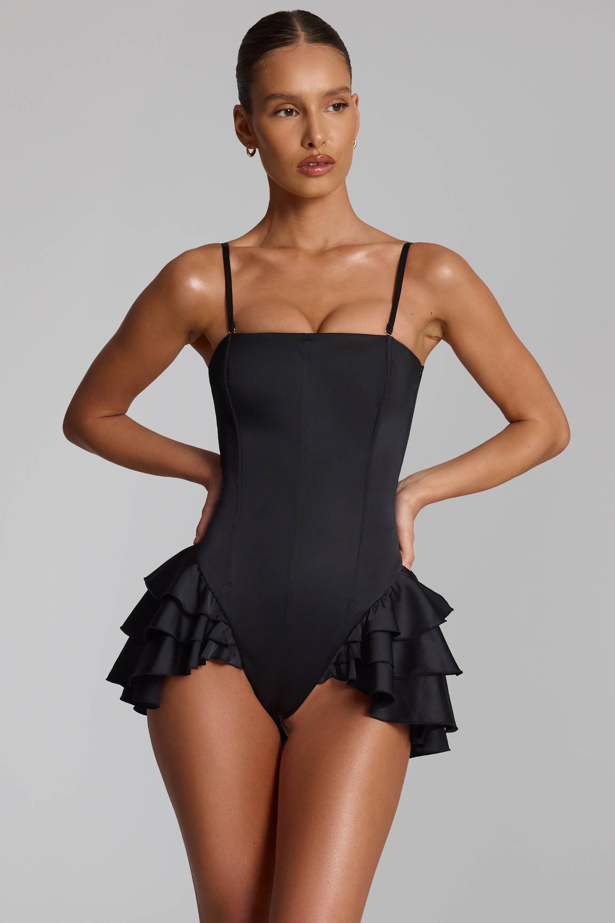 Priaska Ruffled Lace-Up Corset Playsuit in Black | Oh Polly – Oh