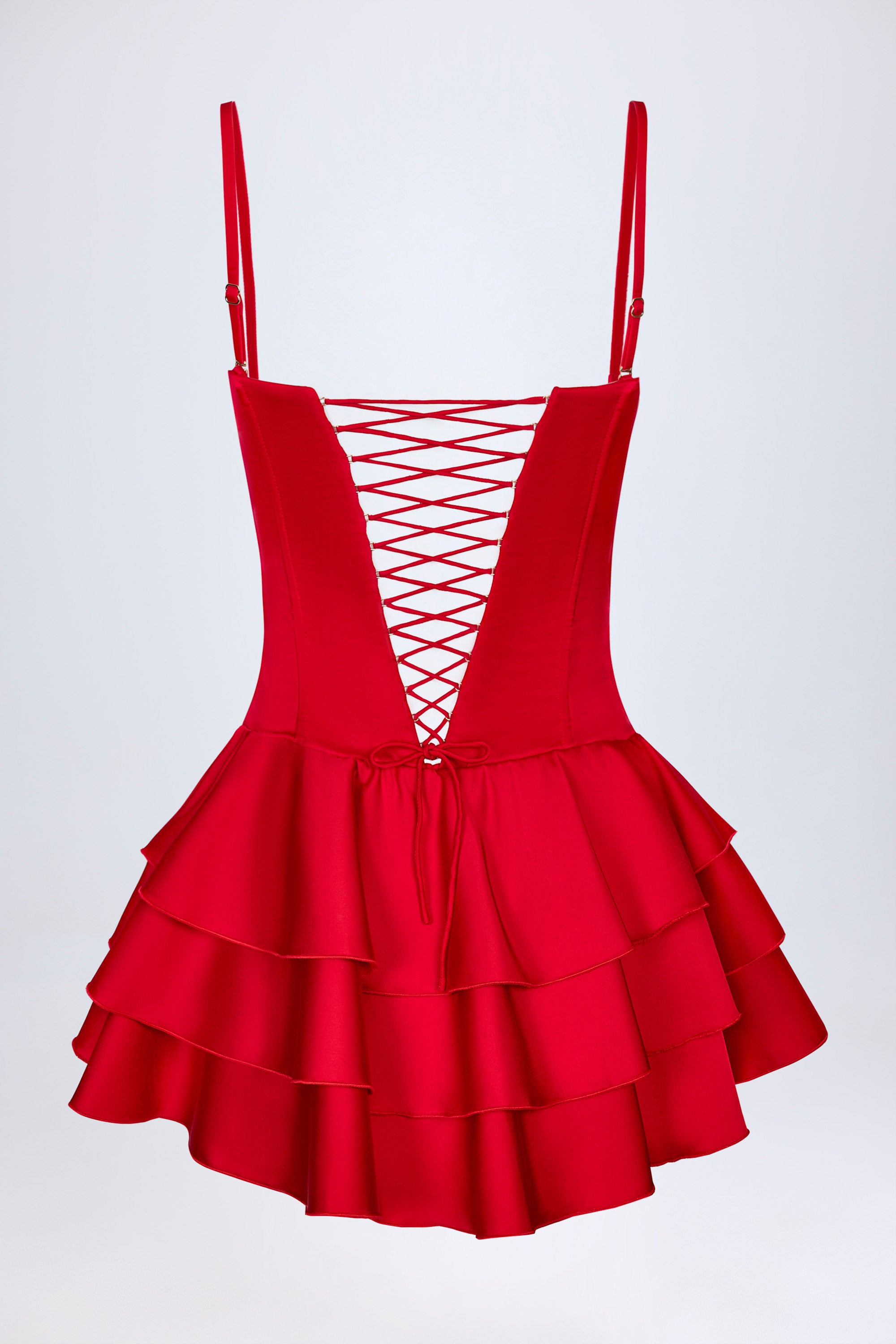 Priaska Ruffled Lace-Up Corset Playsuit in Fire Red | Oh Polly