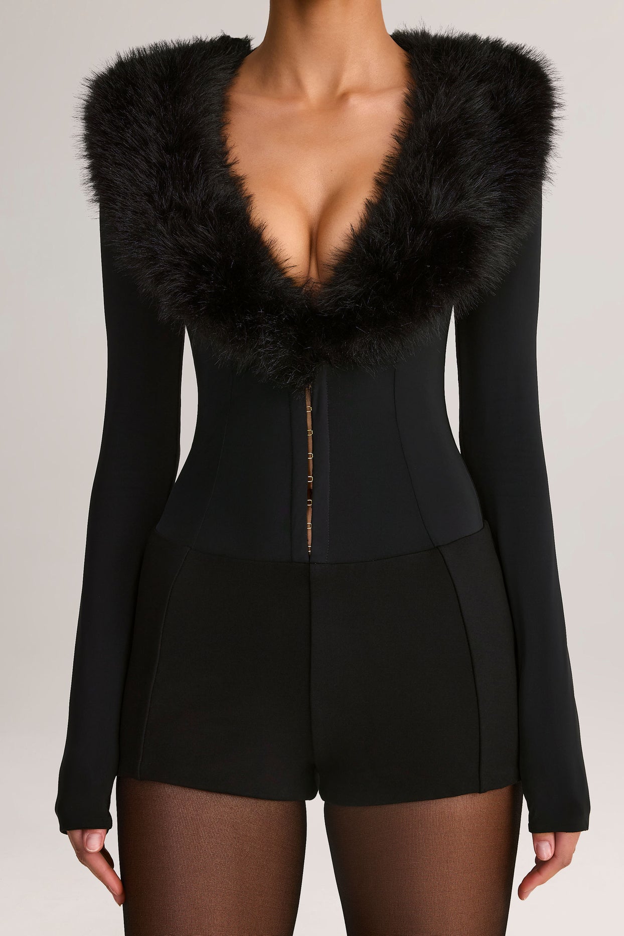 Faux Fur-Trim Corset Playsuit in Black - 5