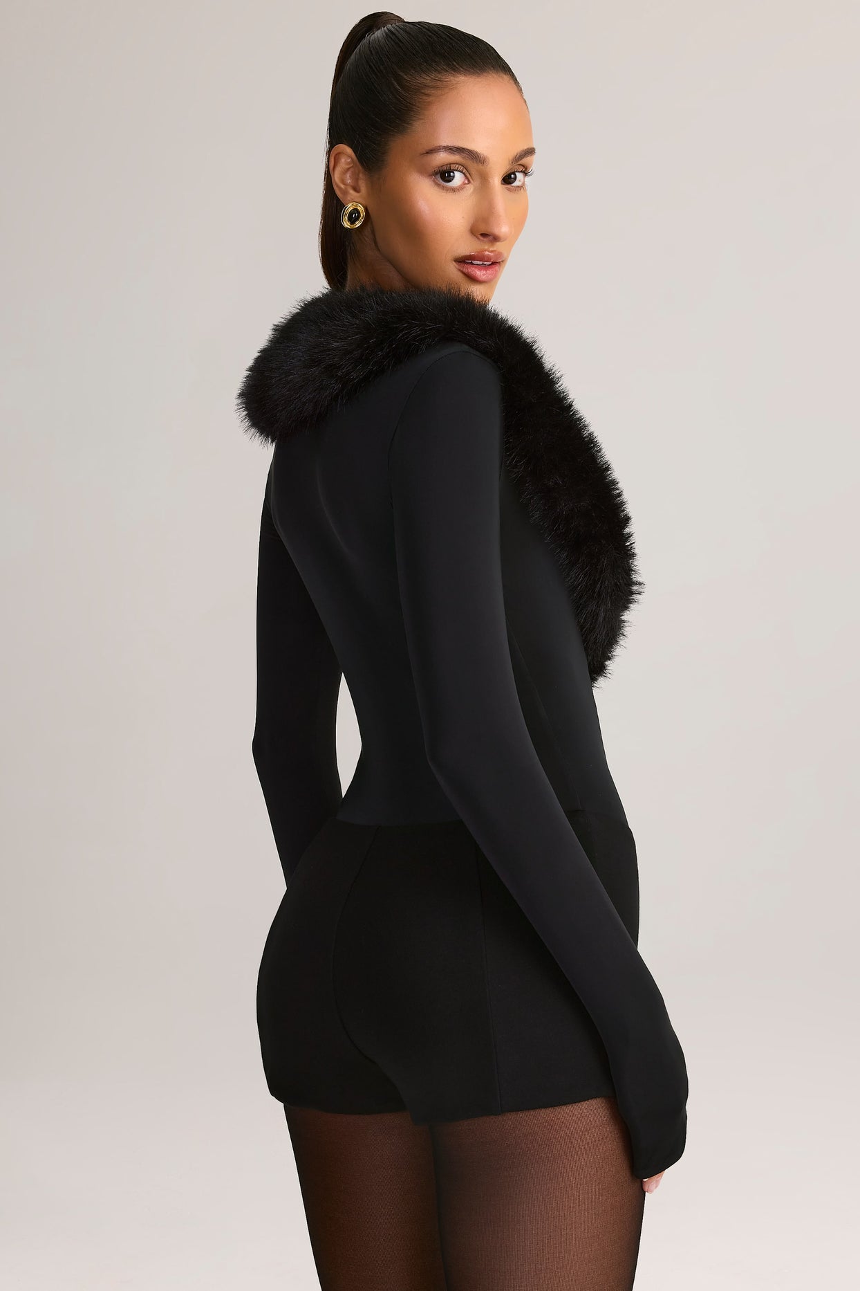 Faux Fur-Trim Corset Playsuit in Black - 6