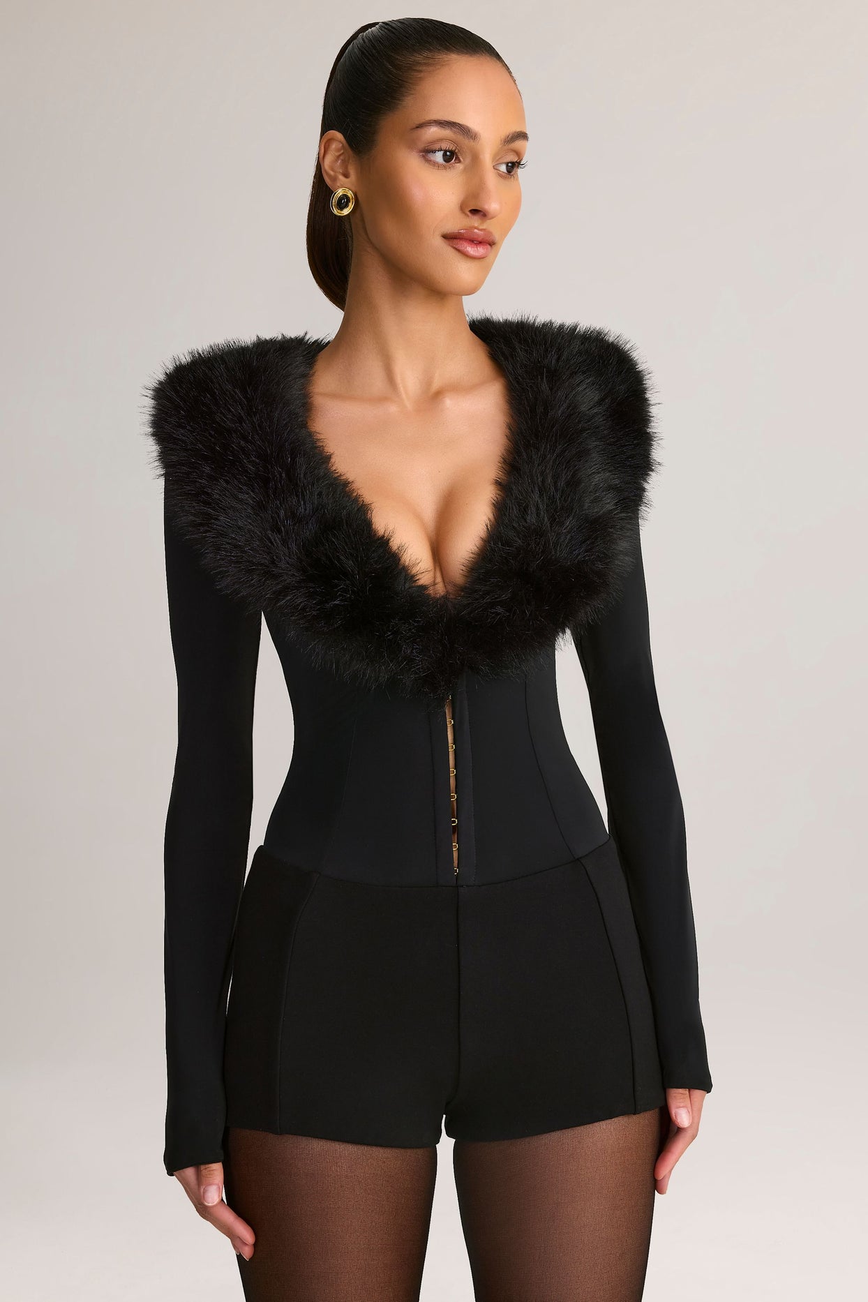 Faux Fur-Trim Corset Playsuit in Black - 7