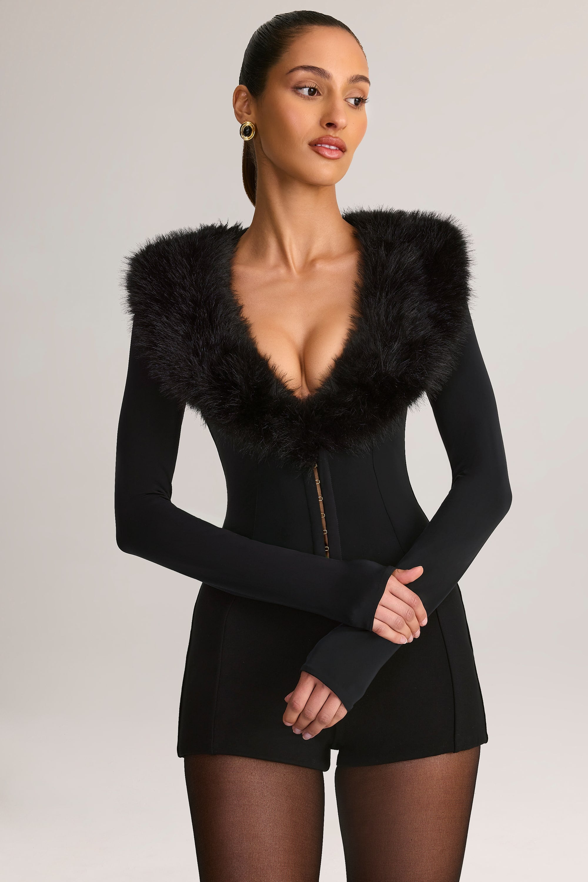 Nesta Faux Fur-Trim Playsuit in Black | Oh Polly – Oh Polly US
