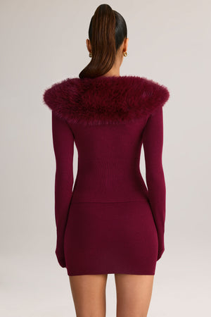 Knit Faux Fur-Trim Cardigan in Wine