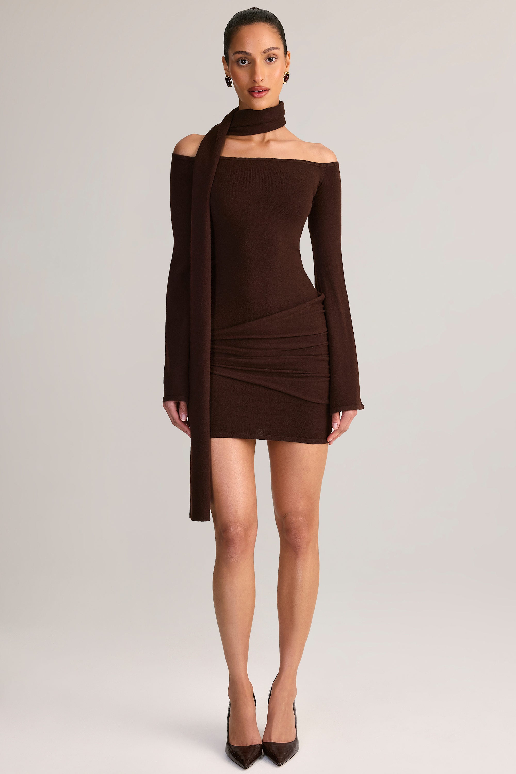 Knit Scarf-Detail Off-Shoulder Mini Dress in Chocolate Brown - XXS