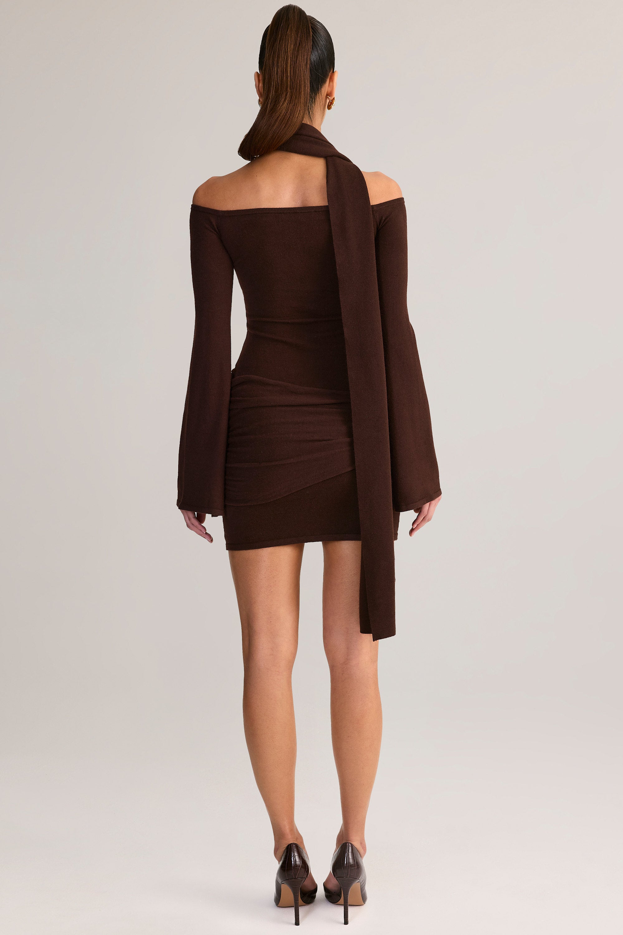 Knit Scarf-Detail Off-Shoulder Mini Dress in Chocolate Brown - XXS