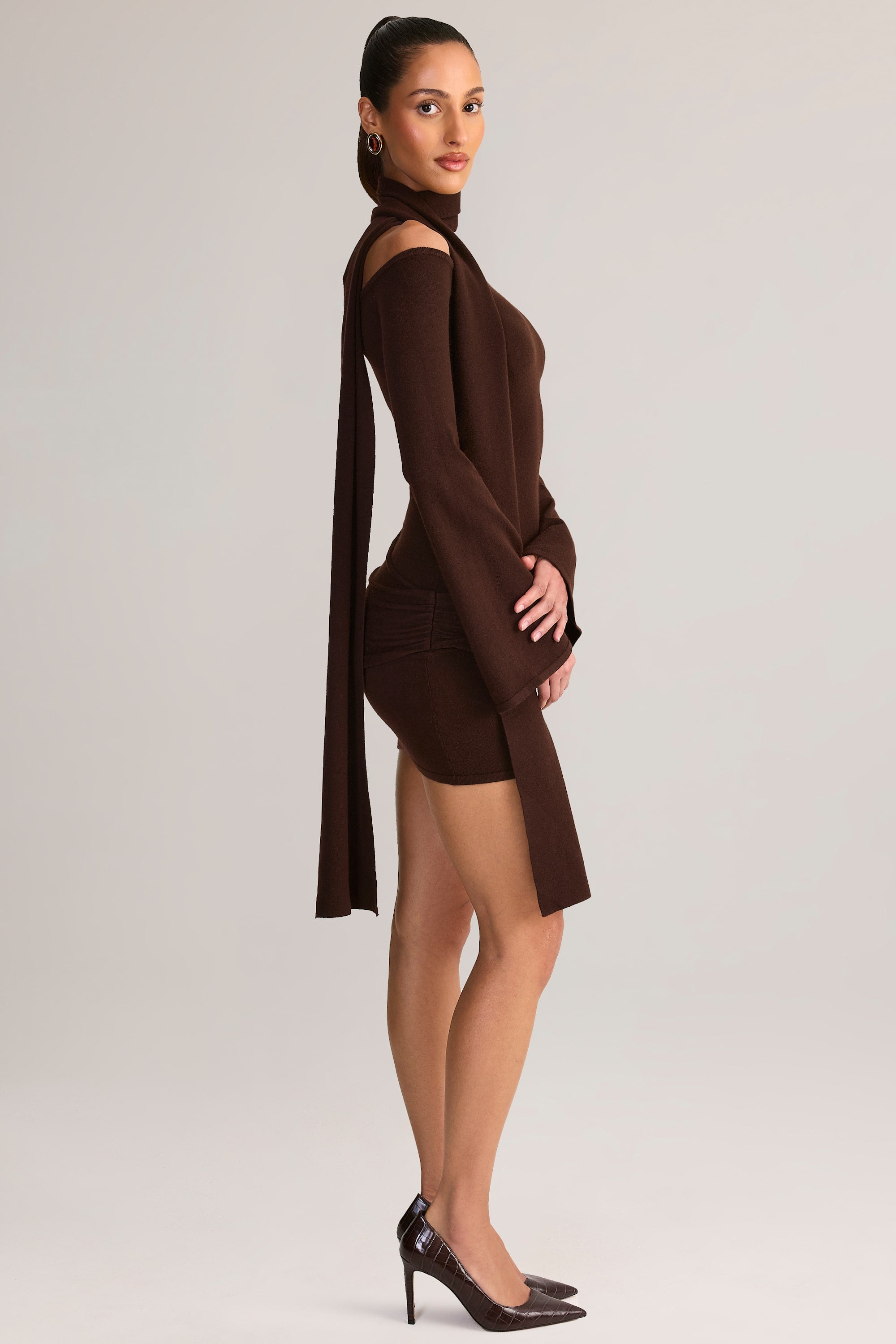 Luzia Scarf-Detail Off-Shoulder Mini Dress in Chocolate Brown | Oh