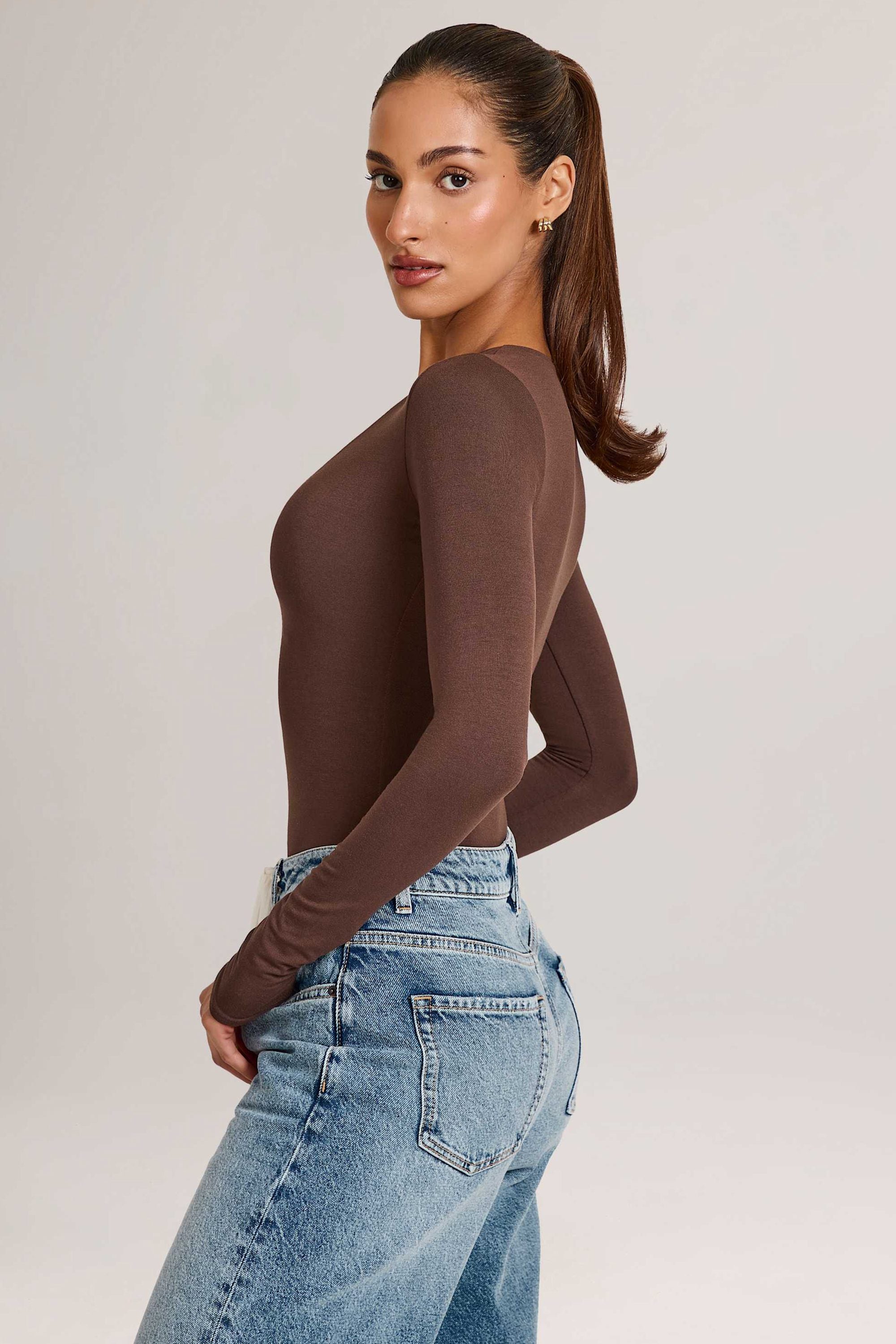 Elodie Modal Plunge Long-Sleeve Bodysuit in Chocolate Brown | Oh