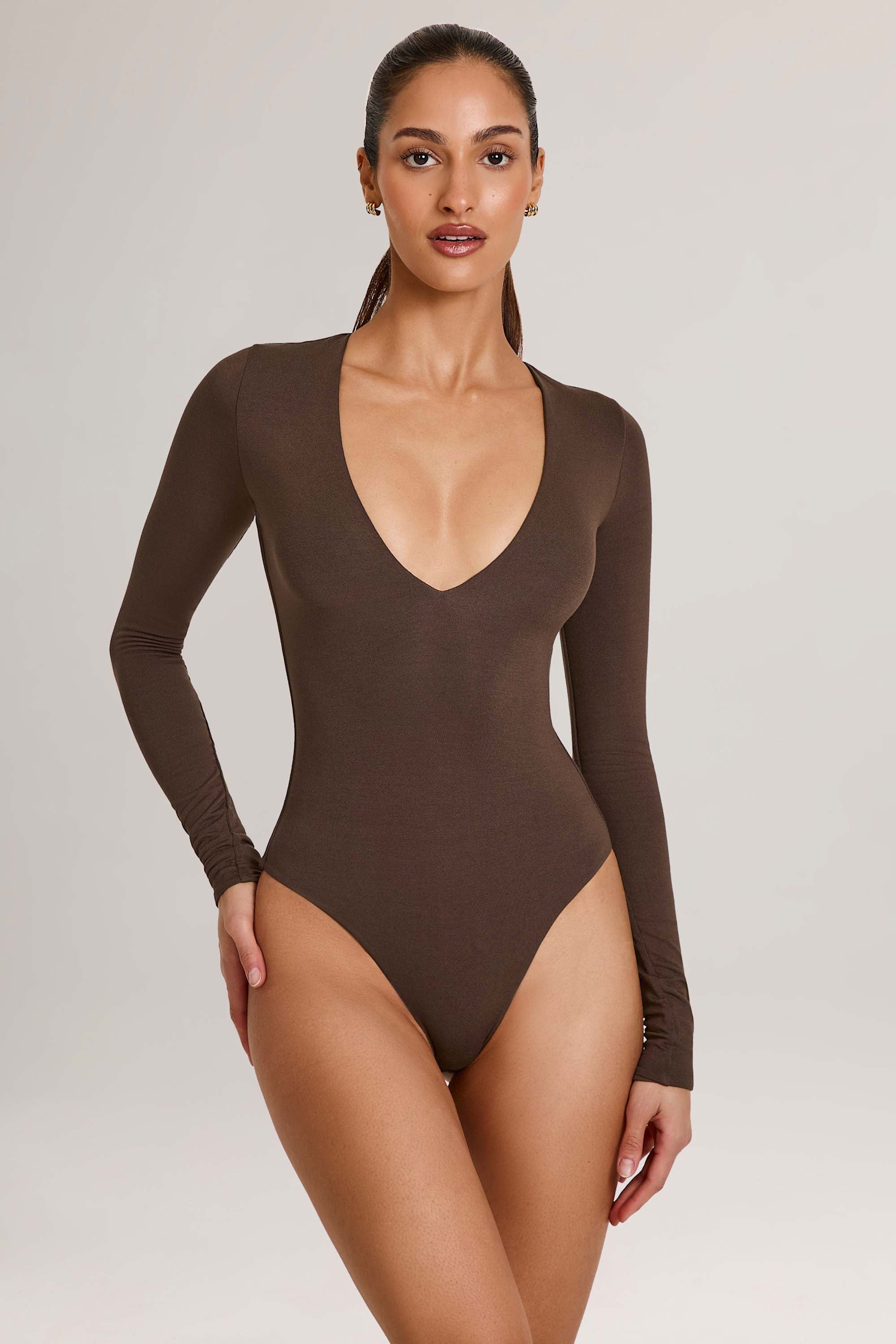 Elodie Modal Plunge Long-Sleeve Bodysuit in Chocolate Brown | Oh