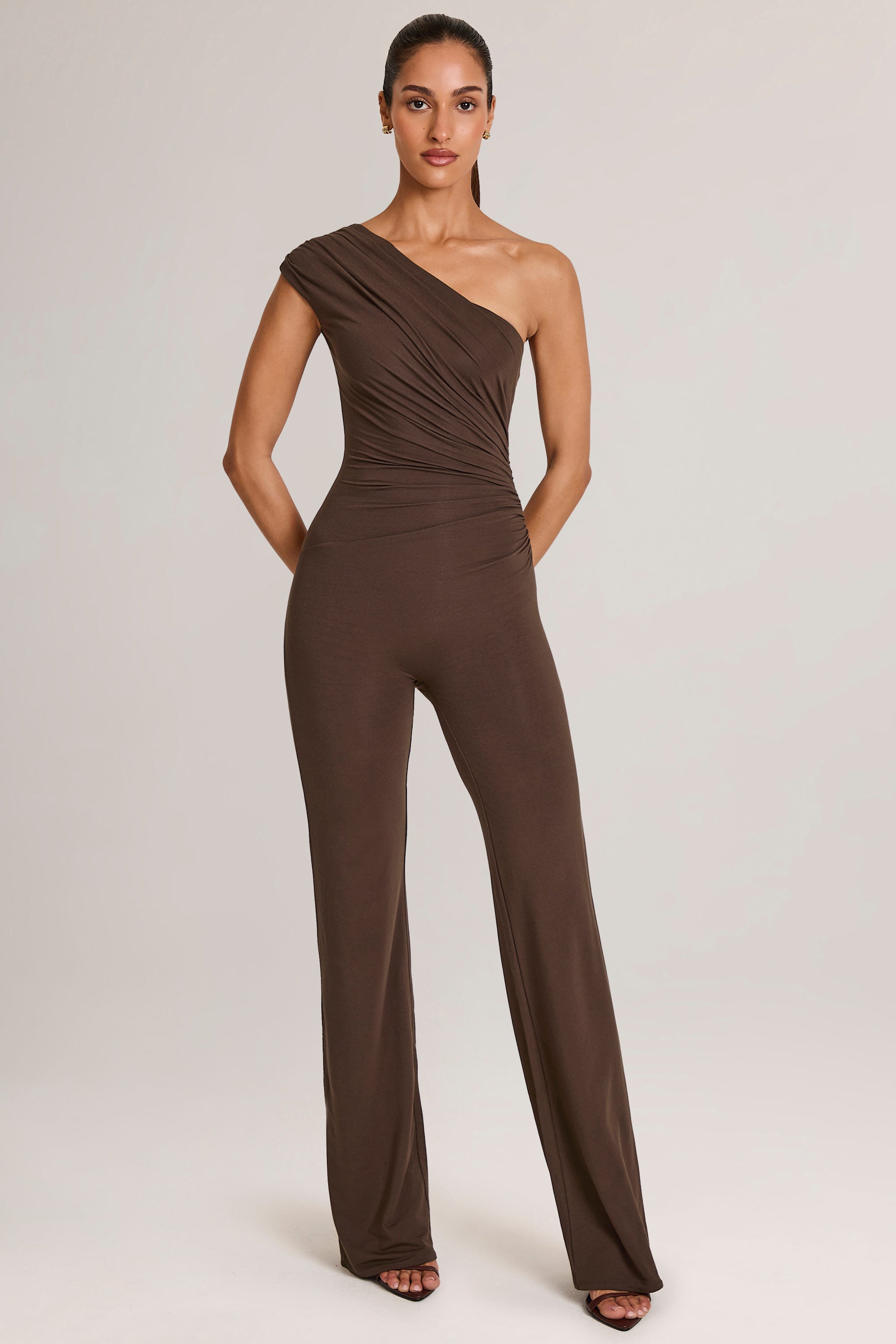 Alouette Modal One-Shoulder Jumpsuit in Chocolate Brown | Oh Polly