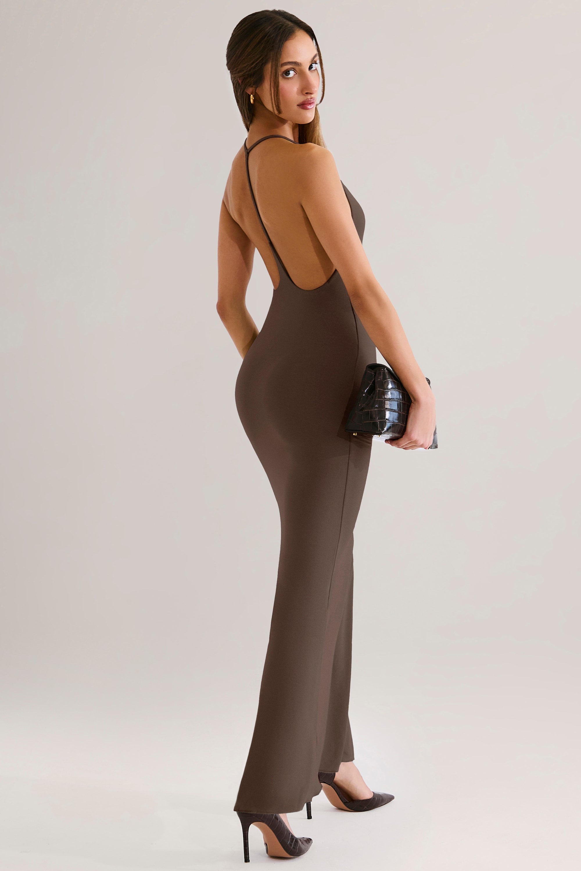 Leire Modal Plunge Backless Maxi Dress in Chocolate Brown