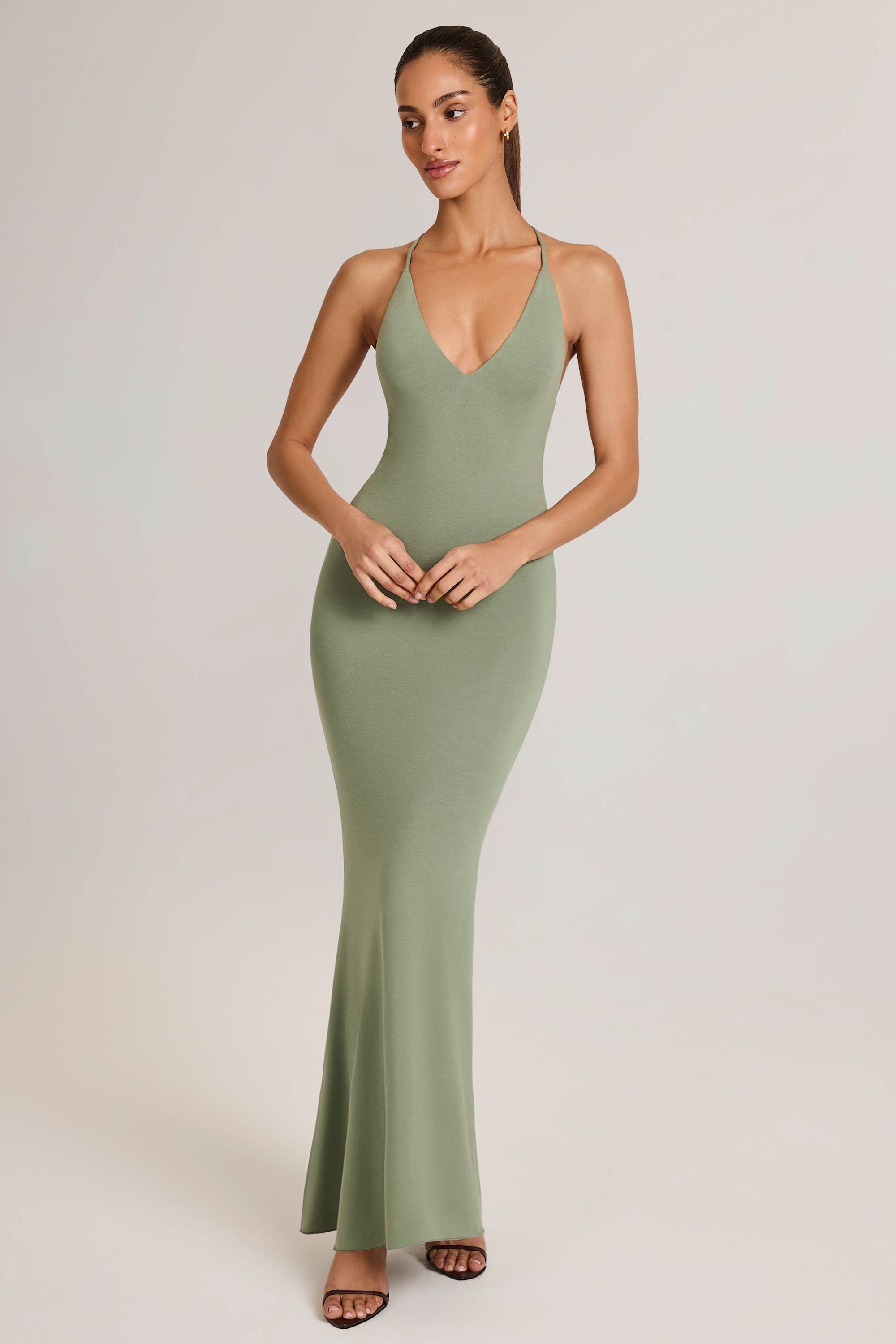 Leire Modal Plunge Backless Maxi Dress in Sage Green | Oh Polly