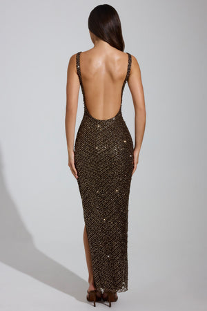 Embellished Scoop-Neck Thigh-Split Maxi Dress in Brown - 8 | Oh Polly Embellished Scoop-Neck Thigh-Split Maxi Dress in Brown - 8 | Oh Polly