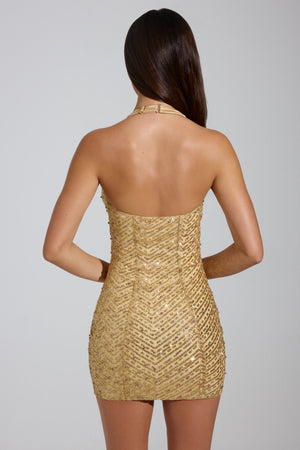 Embellished Halterneck Mini Dress in Gold