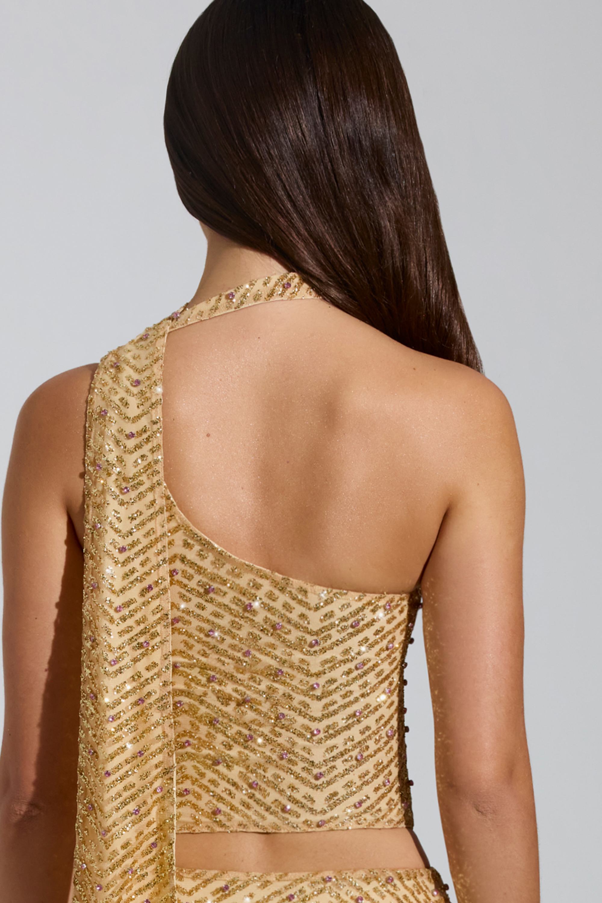Embellished Low-Rise A-Line Micro Mini Skirt in Gold