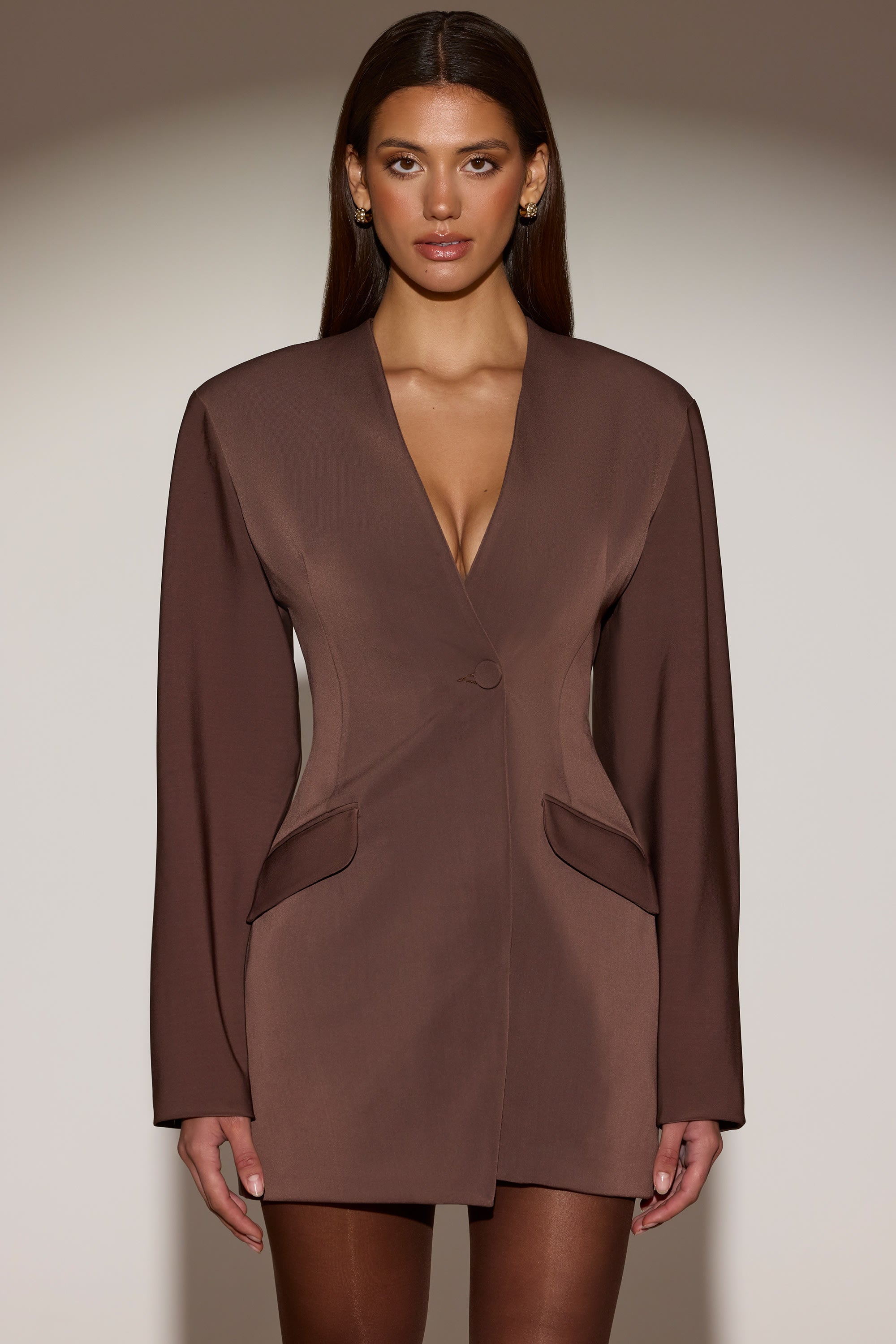 Single-Breasted Blazer Mini Dress in Chocolate Brown - 10
