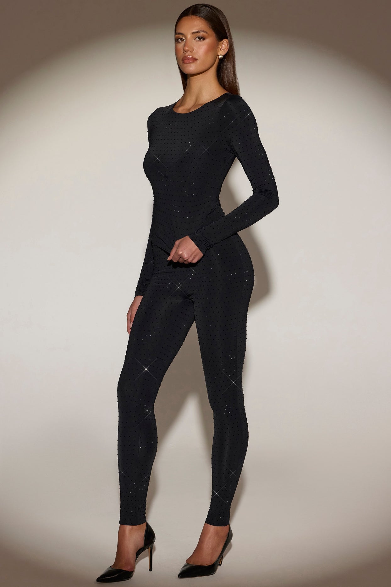 Embellished Crew-Neck Long-Sleeve Top in Black - 6