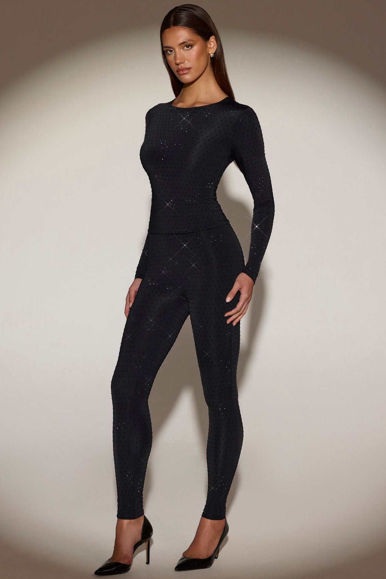 Embellished Crew-Neck Long-Sleeve Top in Black - 7