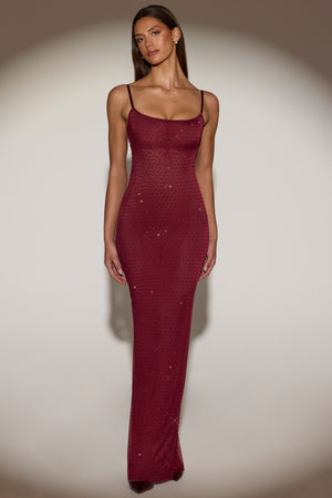 Embellished Backless Maxi Dress in Burgundy