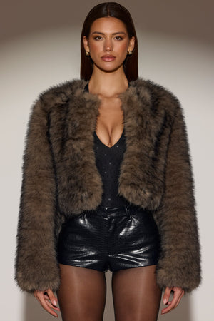 Cropped Faux-Fur Jacket in Chocolate Brown