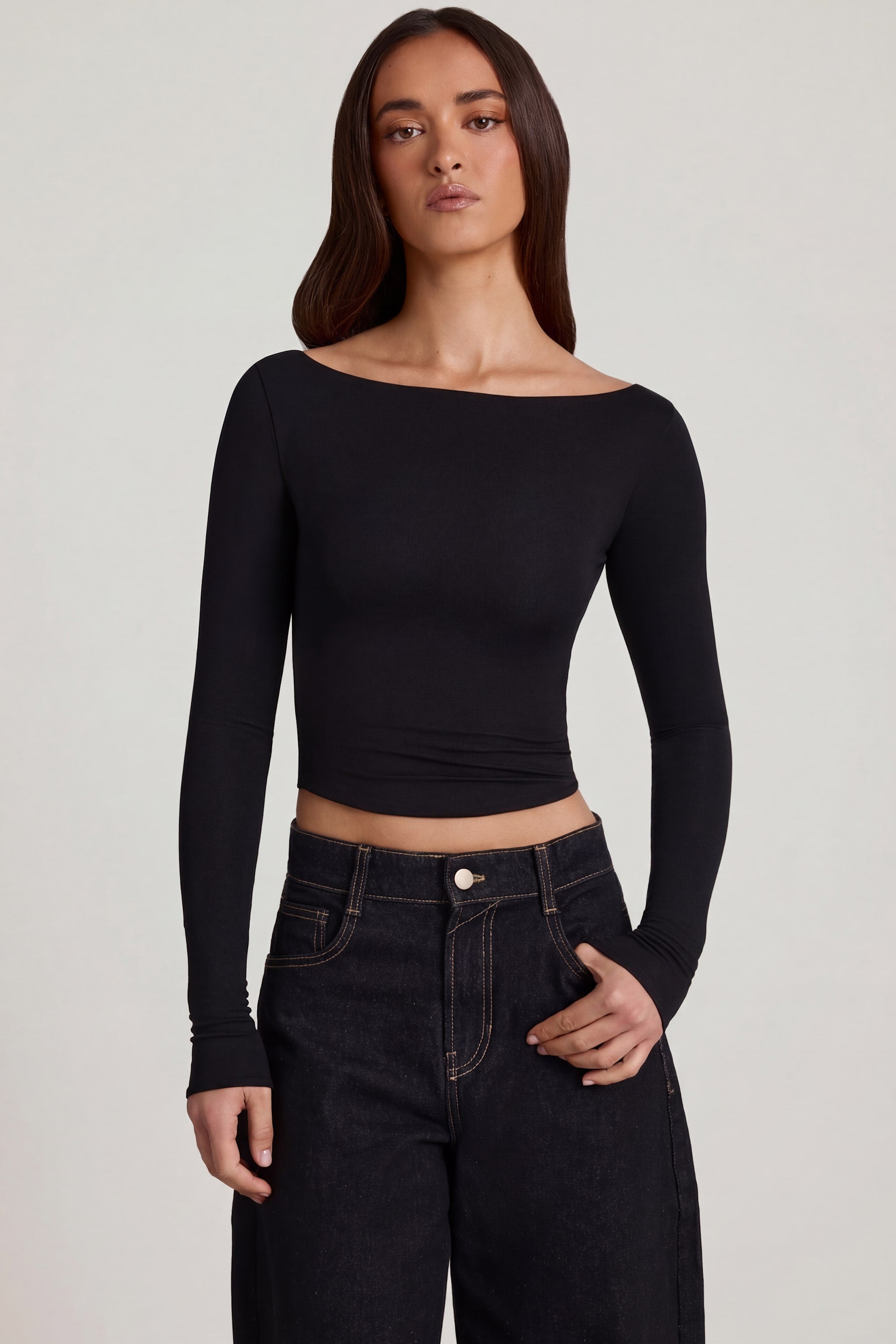 Charliane Modal Boat-Neck Long-Sleeve Top in Black | Oh Polly – Oh