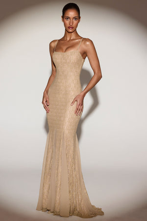 Metallic Lace Godet Gown in Gold