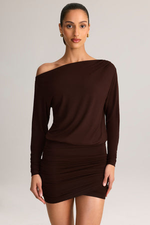 Modal Off-Shoulder Wrap Mini Dress in Chocolate Brown - XS | Oh Polly Modal Off-Shoulder Wrap Mini Dress in Chocolate Brown - XS | Oh Polly