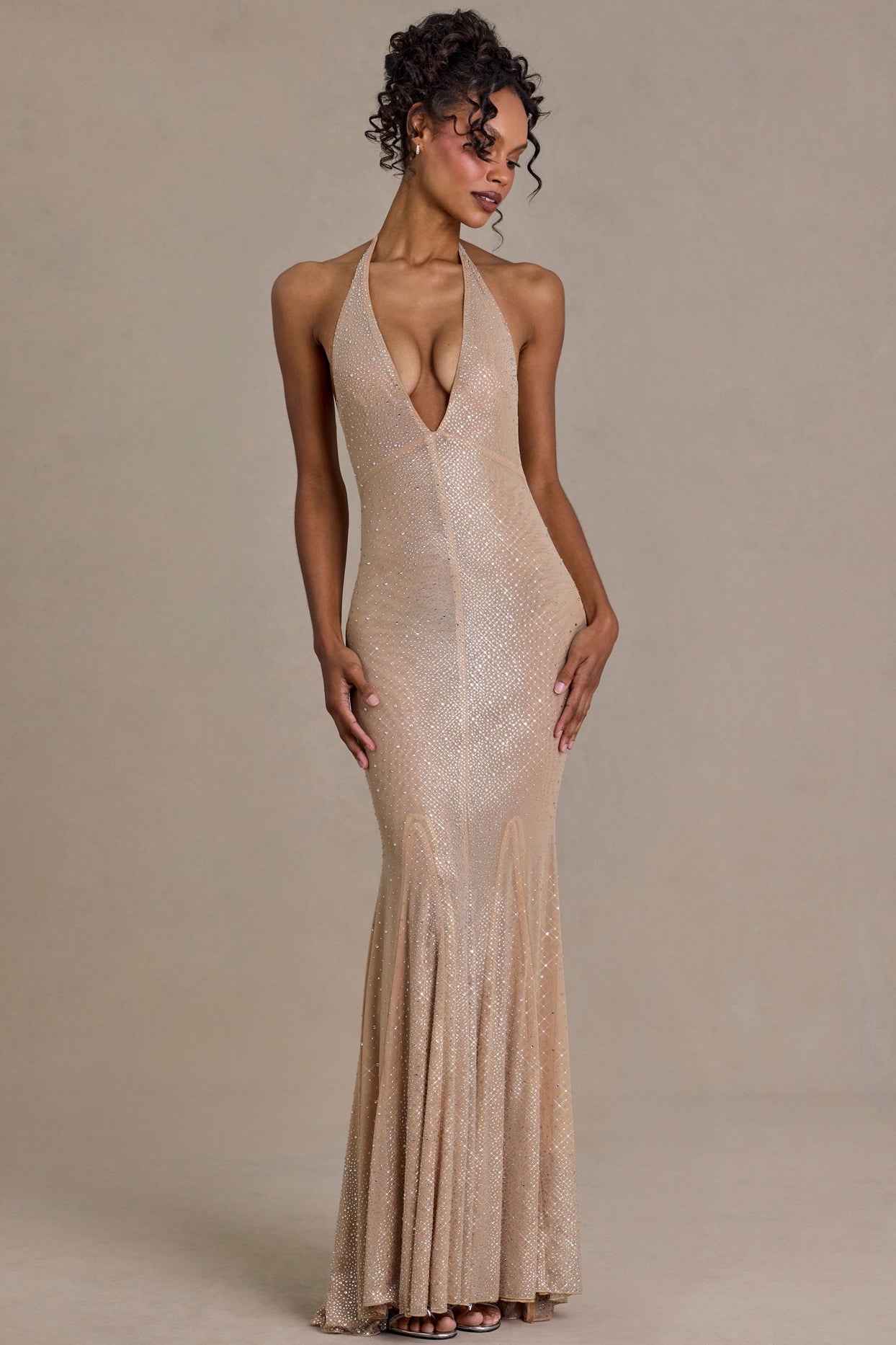Embellished Plunge-Neck Open-Back Gown in Sand - 6