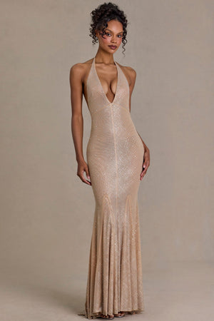 Ameline Premium Embellished Plunge-Neck Open-Back Gown in Beige Gold | Oh Polly Ameline Premium Embellished Plunge-Neck Open-Back Gown in Beige Gold | Oh Polly