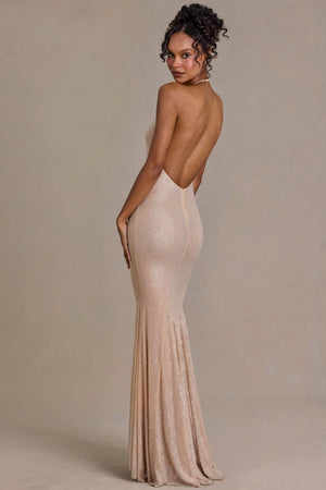 Embellished Plunge-Neck Open-Back Gown in Beige Gold - XXL | Oh Polly Embellished Plunge-Neck Open-Back Gown in Beige Gold - XXL | Oh Polly