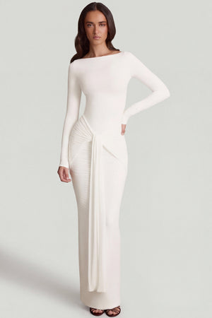 Soft Jersey Boat-Neck Tie-Gather Maxi Dress in White - 2 | Oh Polly Soft Jersey Boat-Neck Tie-Gather Maxi Dress in White - 2 | Oh Polly