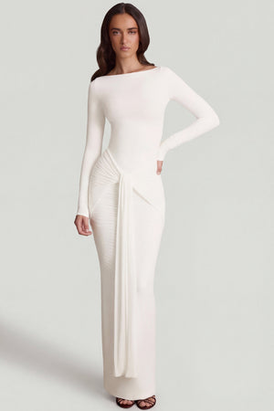Oh Polly's Roberta wearing the Mericia Maxi Dress in White Sheer Jersey fabric perfect for romantic dinner dates