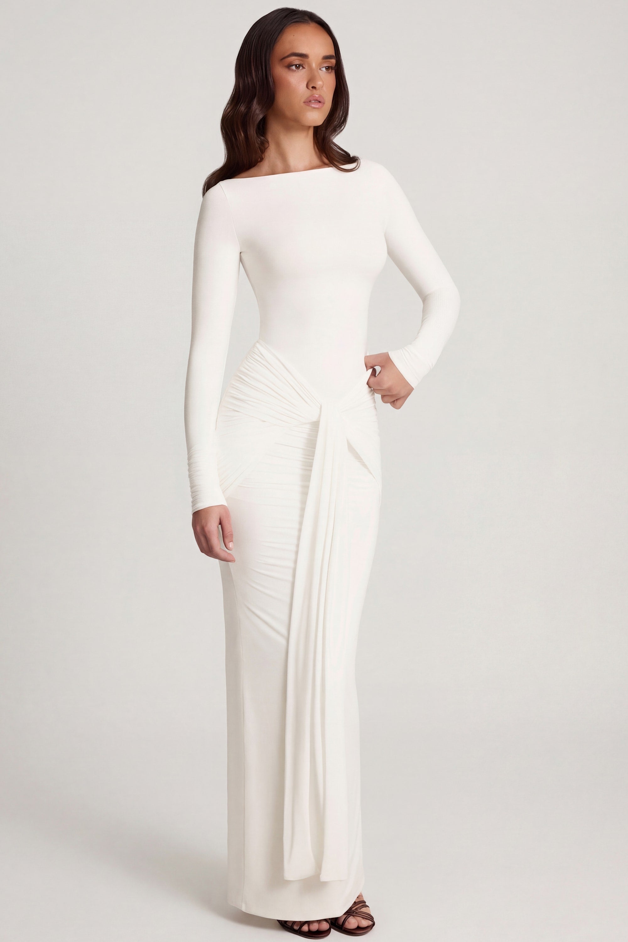 Soft Jersey Boat-Neck Tie-Gather Maxi Dress in White - 2