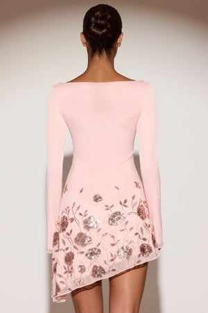 Embellished Asymmetric Mini Dress in Pink